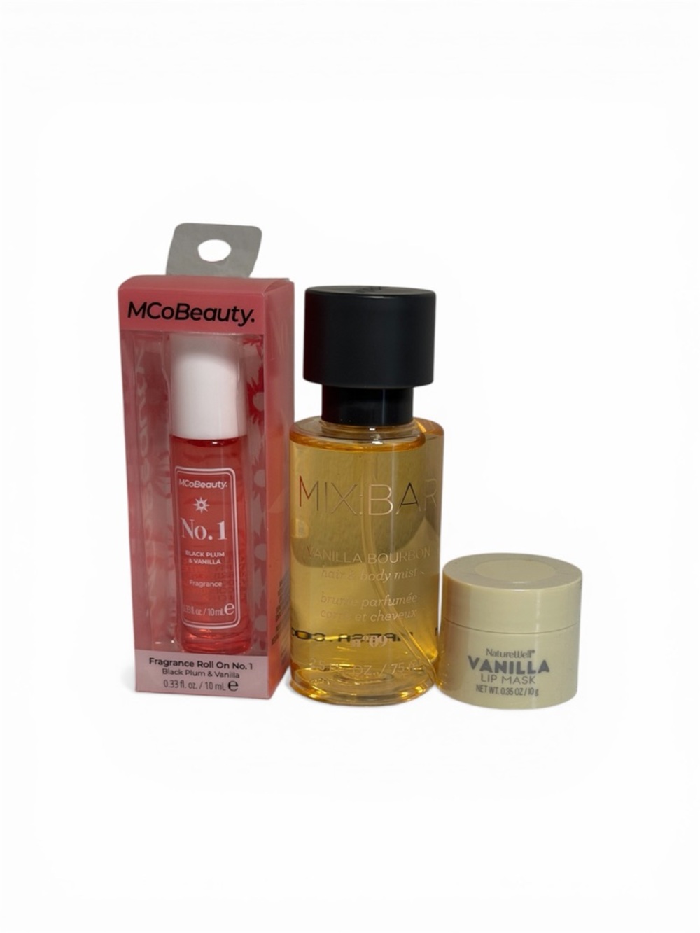 MCoBeauty No.1 Fragrance Roll + Mixbar Vanilla Bourbon Mist + Vanilla Lip Mask
